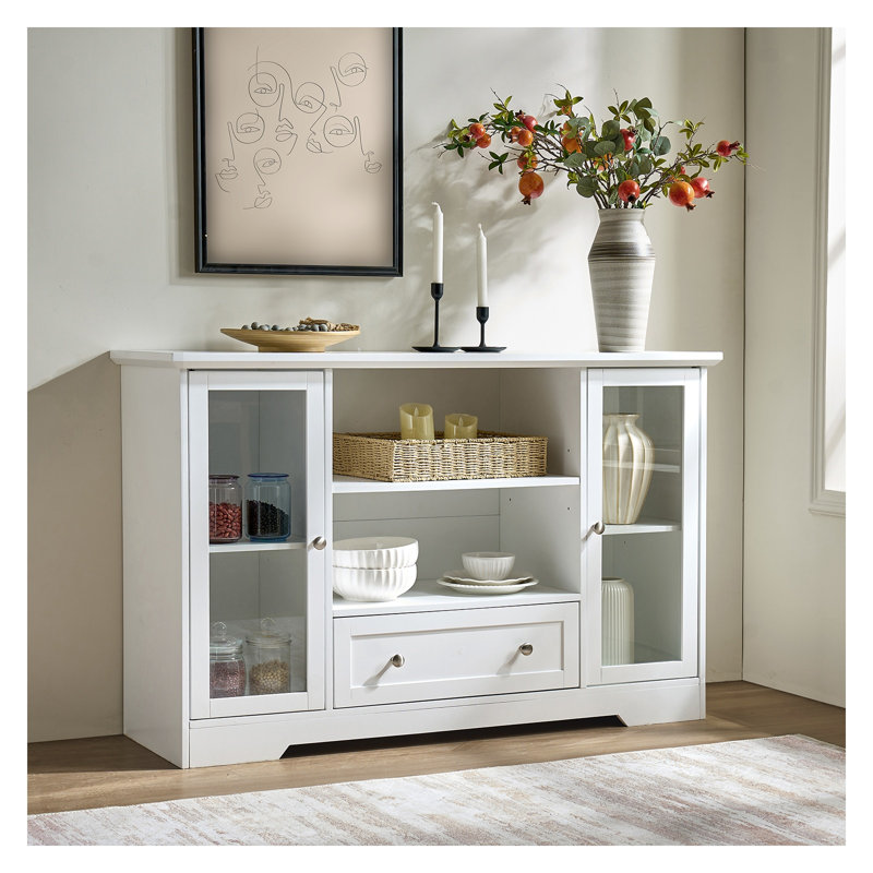 Buffet de 51 po de style campagnard blanc avec portes en verre, tablettes réglables et tiroir - Console de rangement de cuisine moderne