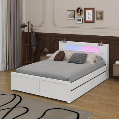 Grand lit plateforme en bois avec rangement à DEL, 2 tiroirs et lit gigogne
