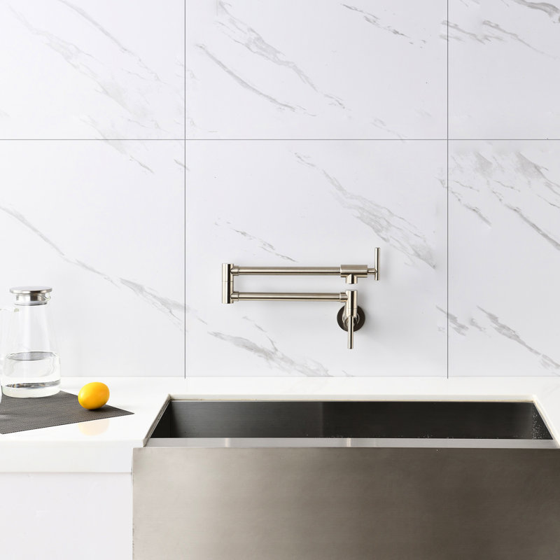 Wall Mounted Folding Kitchen Pot Filler Faucet In Brushed Nickel - Double Handles For Optimal Water Delivery, Corrosion & Fingerprint Surface Treatment, Splash- Aerator Mount Precise Control,