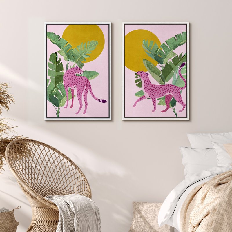 «Tropical Jungle», feuille de bananier, guépard rose, nature, ensemble de 2 impressions sur toile, H 24 po x l 32 po , Blanc