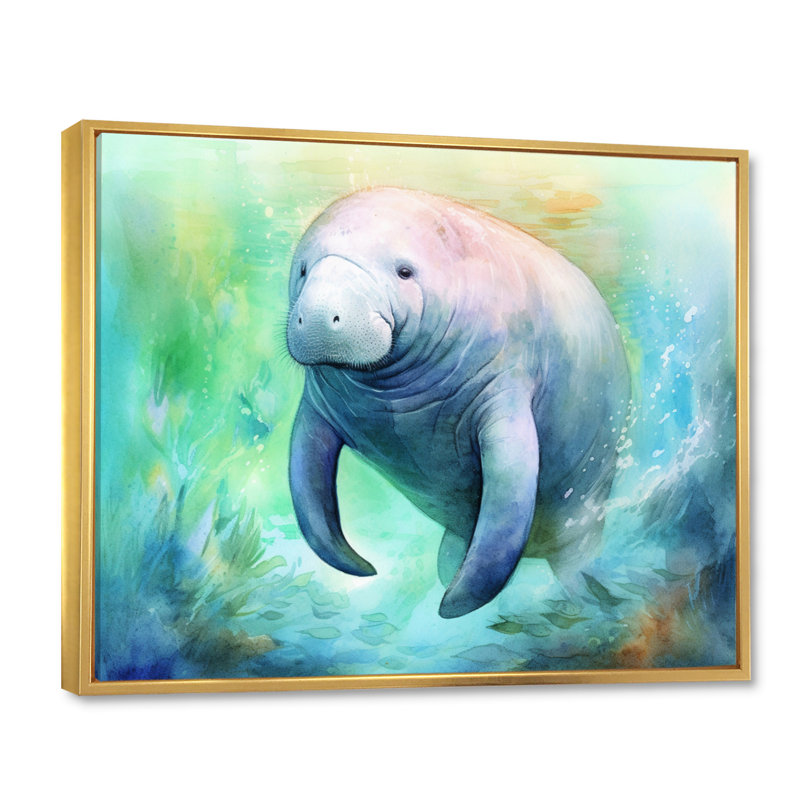 Gentle Manatee I - Art mural lamantin, Cadre flottant doré, H 16 po x l 32 po x P 1 po