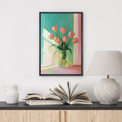 «Pink Tulips in Glass Vase Floral Still Life», reproduction d'art sur toile encadrée