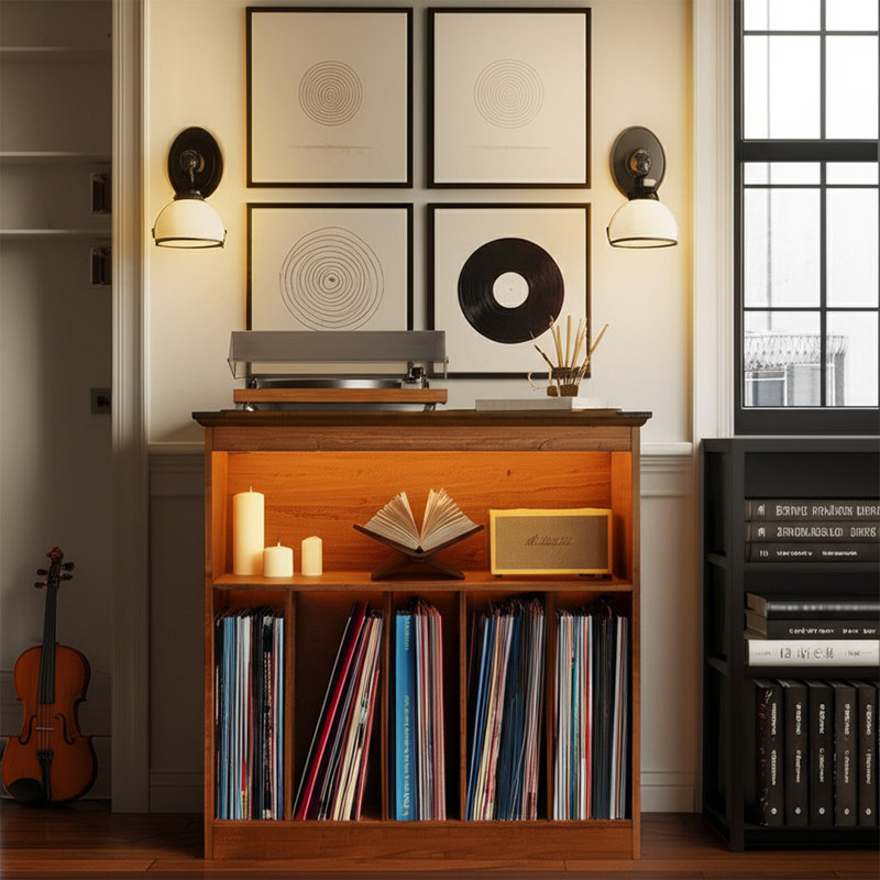 Farmhouse Large Record Player Stand With Power Outlets & LED Lights, Vinyl Record Stand Hold Up To 150 Albums, Turntable Stand For Living Room, Bedroom, Brown