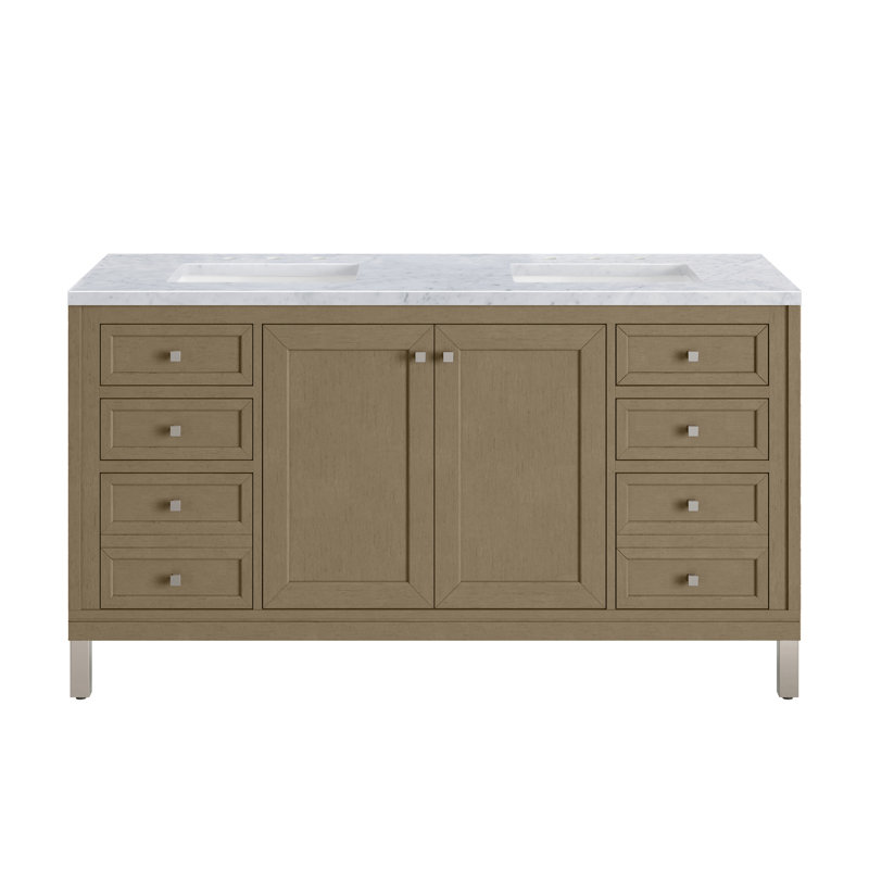 Chicago 60'' W Double Vanity, Walnut Whisper, Carrara White, 8" Widespread