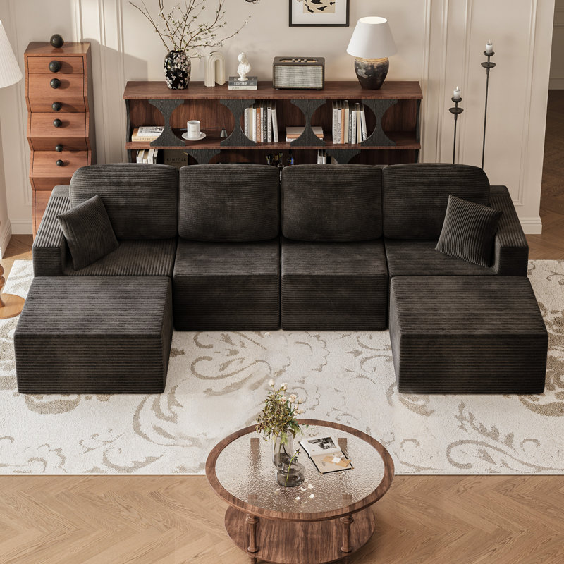 U-Shaped Modular Sectional Sofa, Cloud L-Shaped Sectional Couch with Deep Seat for Living Room Bedroom, Black Corduroy