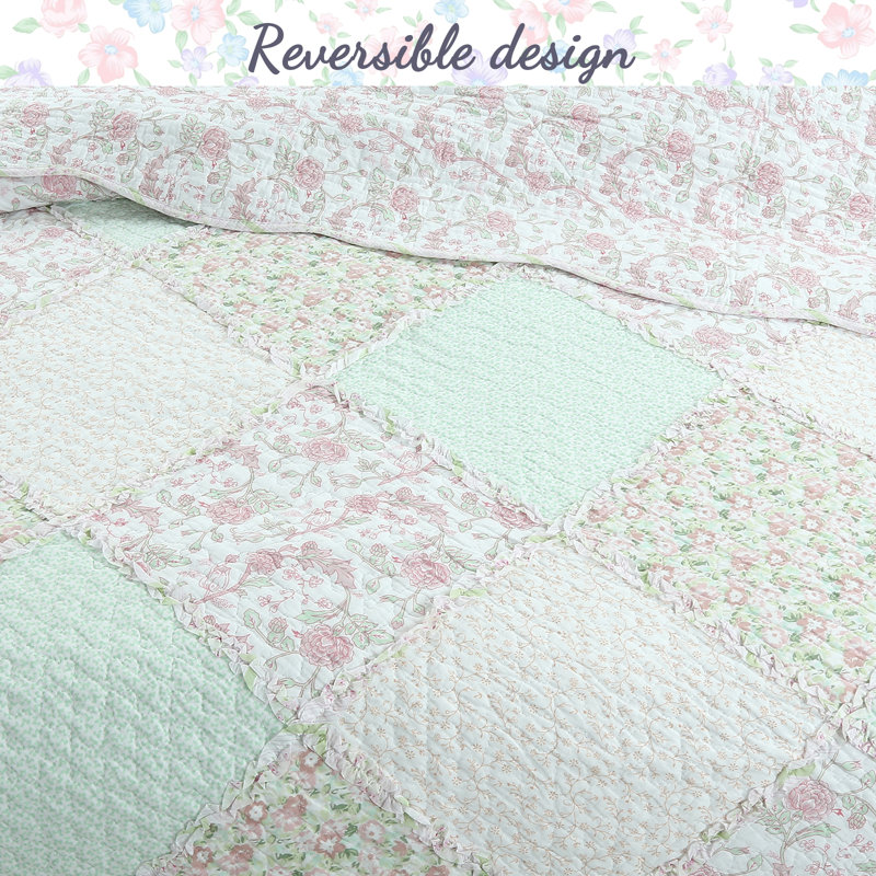 Twin Pink Cotton Floral Patchwork Reversible Quilt Set