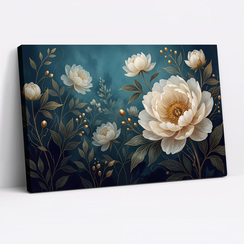 Toile murale avec pivoines blanches et accents dorés sur fond turquoise, H 16 po x l 24 po