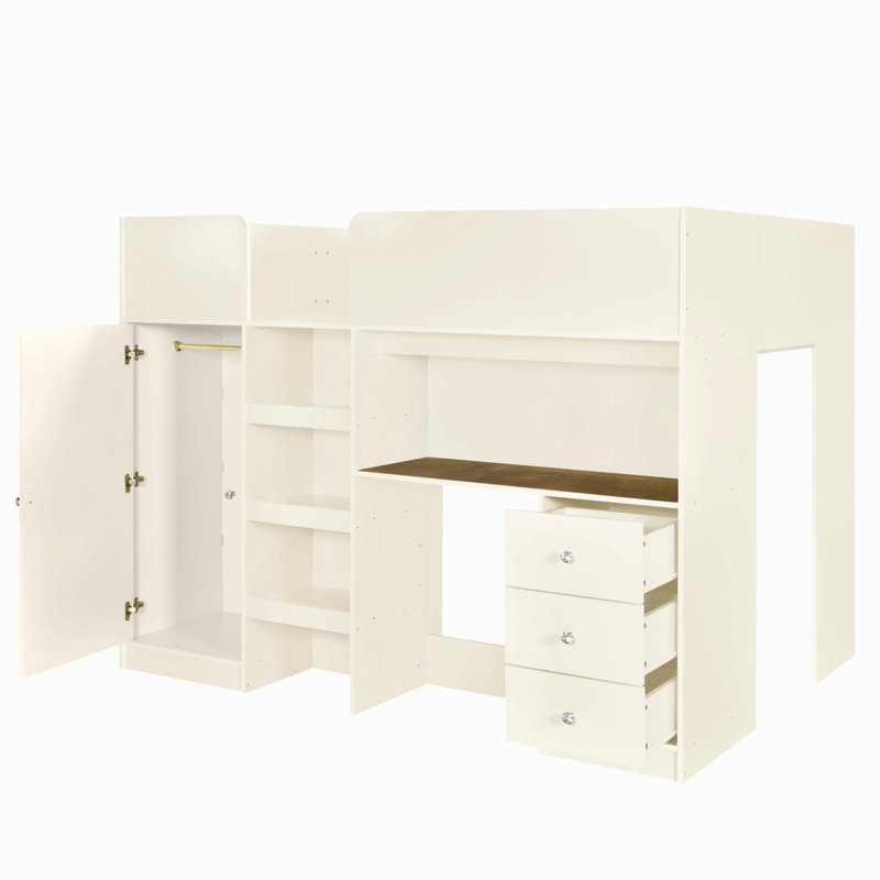 Lit mezzanine double en bois avec garde-robe intégrée, bureau, tablettes de rangement et tiroirs, Beige