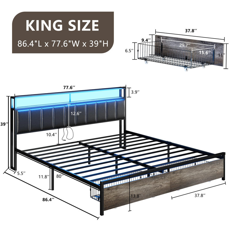 Tryston LED Bed Frame with Drawers and Charging Station, King, Rustic Gray