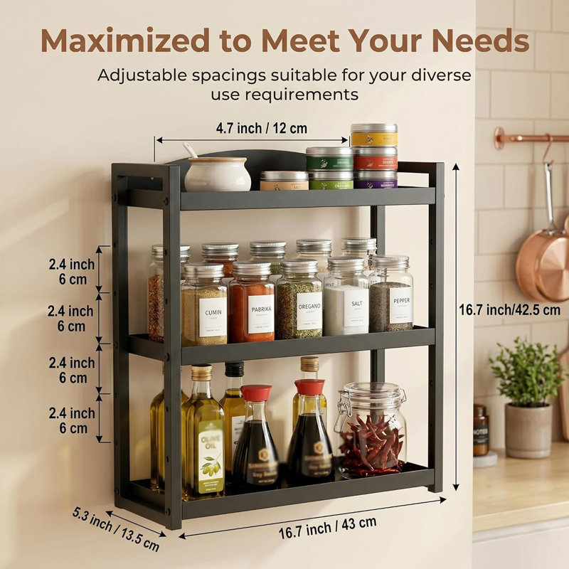 3-Tier Adjustable Wall Mount Spice Rack, Black