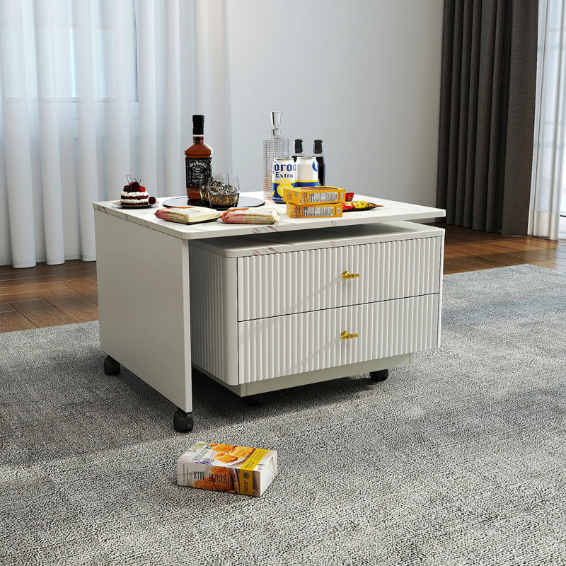 Table basse extensible avec rangement, table de salon réversible à 2 tiroirs et à 6 roulettes, blanc