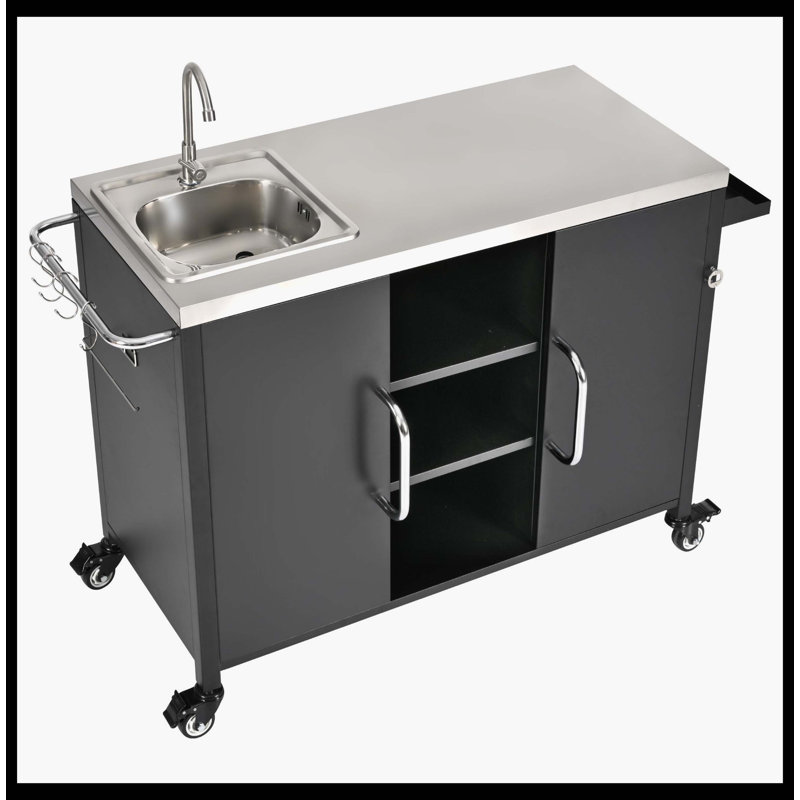 Îlot de cuisine 55,5 po avec évier, table de chariot d'évier en acier inoxydable 304 avec 4 roues verrouillables pour la préparation de pizza et le barbecue