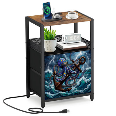 2 Fabric Drawers Night Stand with Charging Station Vibrant Octopus Anchor Stormy Sea Stained Glass Bedroom Bedside Table End Table with Open Shelf USB Ports and Outlets