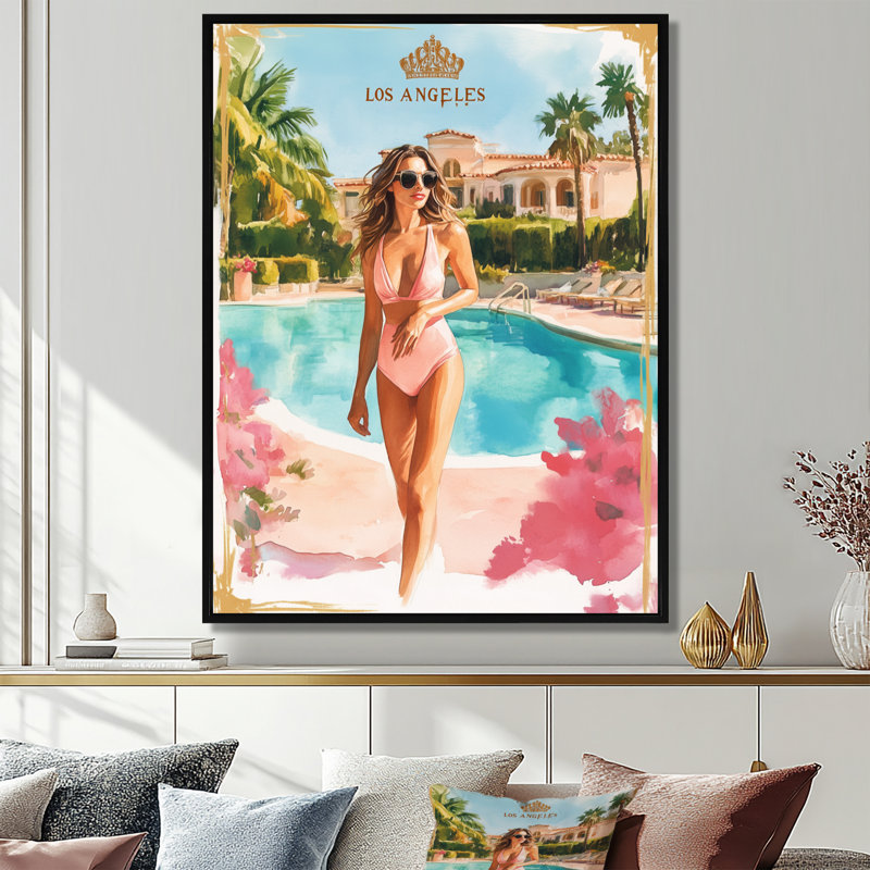 Los Angeles au bord de la piscine - Tableau encadré tendance, H 44 po x l 34 po, Cadre flottant noir