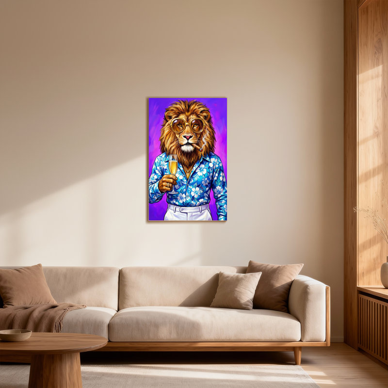 Animaux lion portant des lunettes et un cigare avec champagne, H 30 po x l 20 po