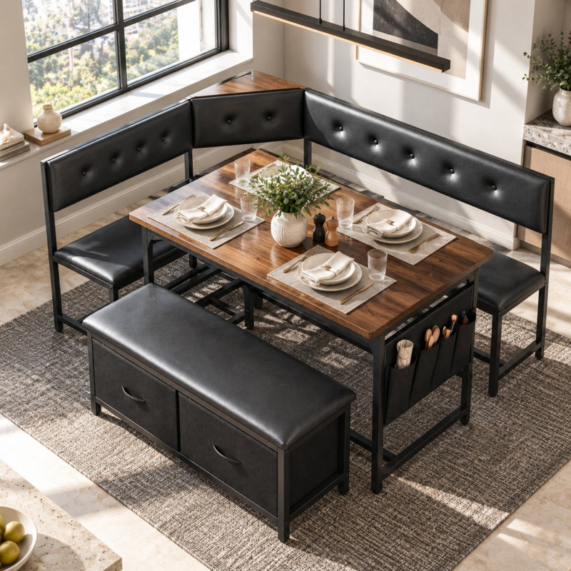 Ensemble de salle à manger de coin 3 pièces avec assise moelleuse, ensemble de table de coin de coin déjeuner avec rangement caché, chaises de cuisine en forme de L noires