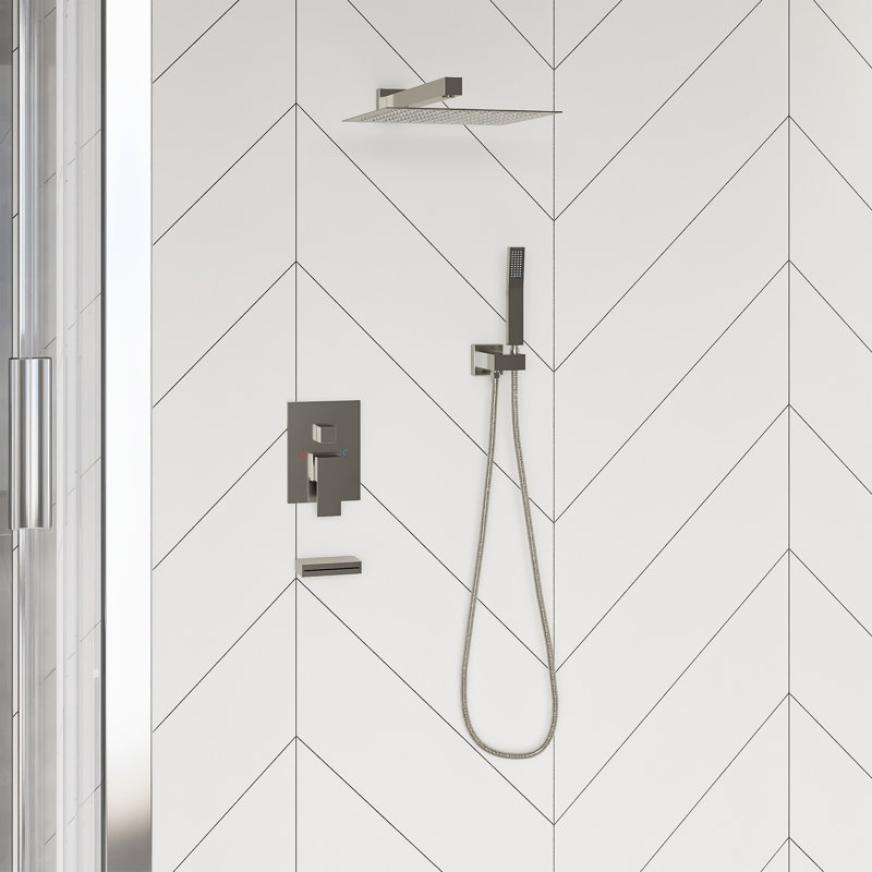 Shower System With Waterfall Tub Spout,12 Inch Wall Mounted Square Shower System With Rough-In Valve, Brushed Nickel