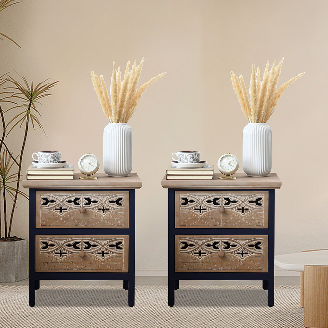 Farmhouse Carved Wood End Table With 2-Drawers, Rich Natural,Blue (Set of 2) 17 Stories