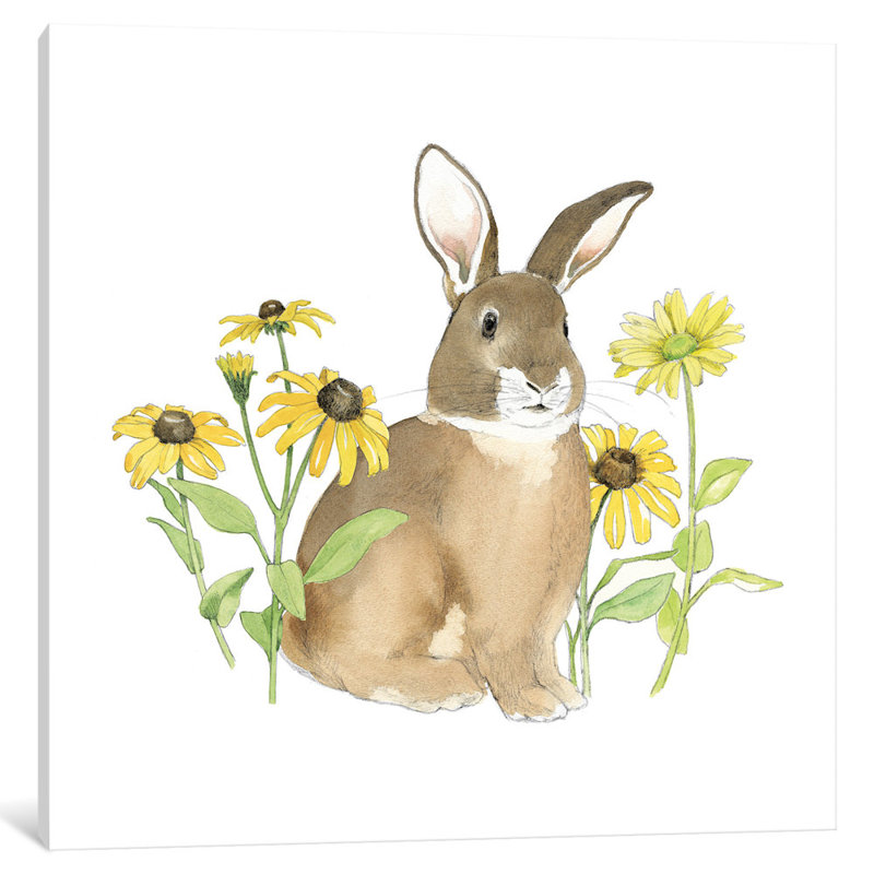 Art sur toile, Wildflower Bunnies, H 16 po x l 16 po x P 1 po, Papier beaux-arts encadré noir, Blanc
