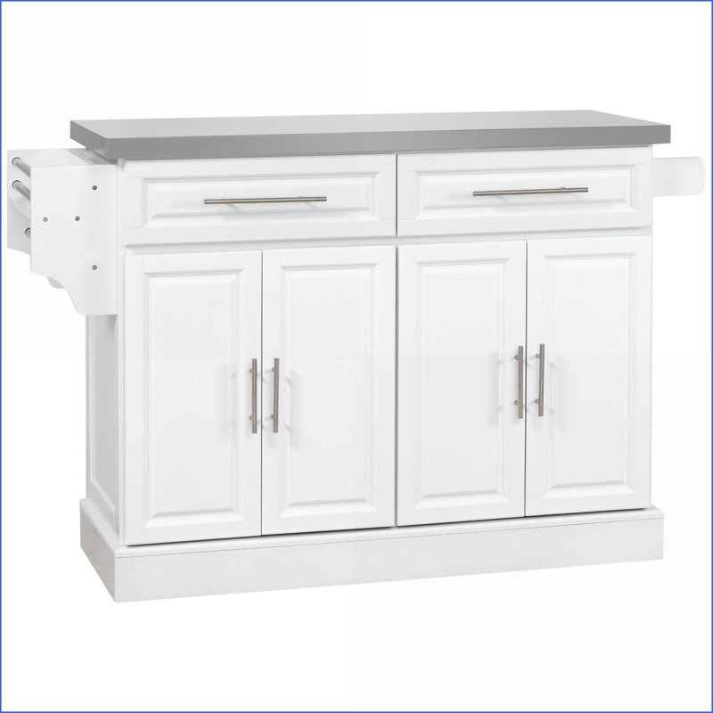 Kitchen Island, Portable with Storage, Stainless Steel Top, Drawers/Racks/Cabinets, Snow White | MDF