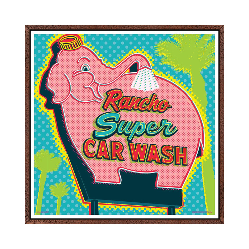 Elephant Car Wash Rancho by Jim Zahniser - Print on Canvas, 66.04 cm H x 66.04 cm W, Classic Brown Wood Framed