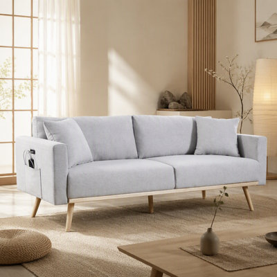 Canapé en tissu de lin de 75 pouces avec ports de charge USB, poches de rangement et coussins inclus pour un confort moderne.