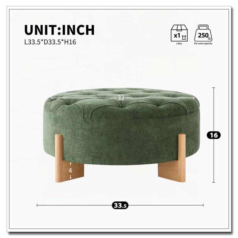 Repose-pieds rond capitonné 32 po avec pieds en bois massif, table basse moderne avec boutons touffetés, Vert