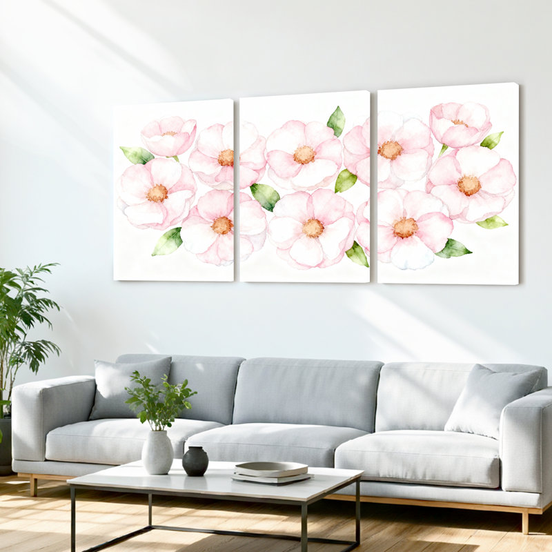«Pink Watercolor Flowers», art mural tendu sur toile, ensemble de 3, H 18 po x l 36 po