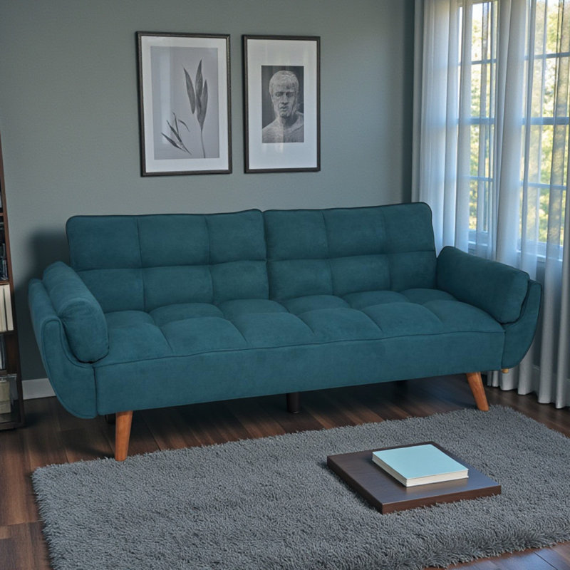 Edriel 75.39" Futons Upholstered Convertible Sofa, With Tapered Wood Legs And Adjustable Backrest, Navy Blue Linen