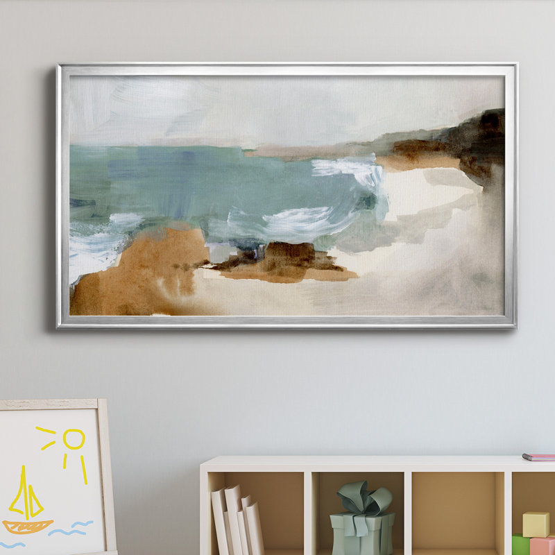 «Ocean Sigh IV» - peinture encadrée, H 14,5 po x l 26,5 po x P 1,5 po, Pas de tapis, Toile encadrée argentée