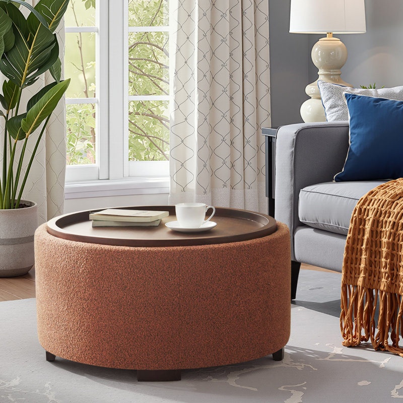 Caysey 30.1" W Upholstered Round Storage Ottoman with Wooden Tray, Orange
