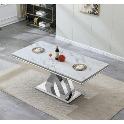 68.11" White Marble Dining Table, Modern Luxury Faux Marble Table with Sickle-Shaped Stainless Steel Pedestal, Rectangular Dining Room Table with 0.71" Thick Printed Marble Top