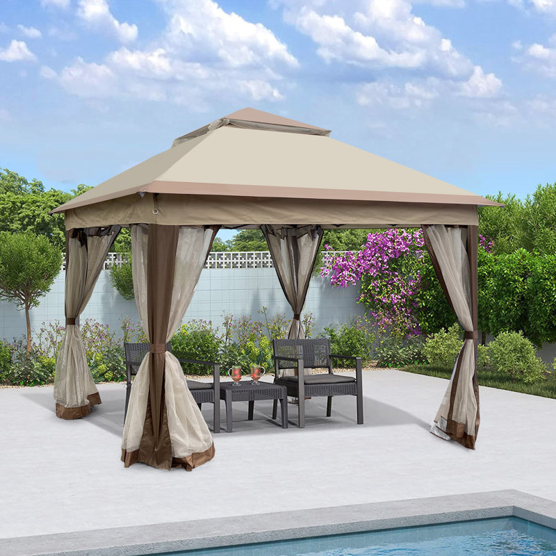 Pavillon de jardin d'extérieur 11 x 11 pi, structure en acier - dessus double couche, pour cour, camping, exposition, toile de toit escamotable, feu doux, patio amovible, exposition, fêtes