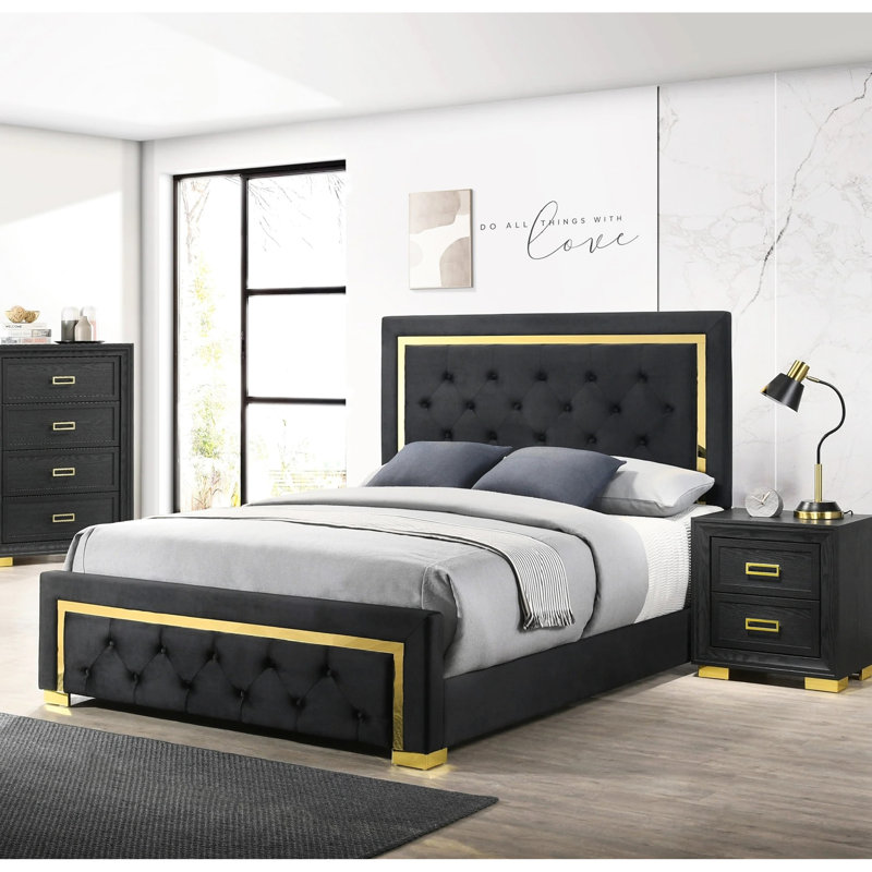 Élégant très grand lit avec bouton - Tissu noir et tête dorée avec pieds dorés contemporains