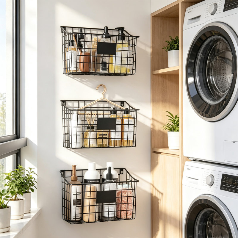 Paquet de 3 paniers muraux sans perçage pour salle de bain - pliables, 5 crochets et 3 étiquettes, adhésif / à visser, mur / comptoir pour serviettes, articles de toilette et plus