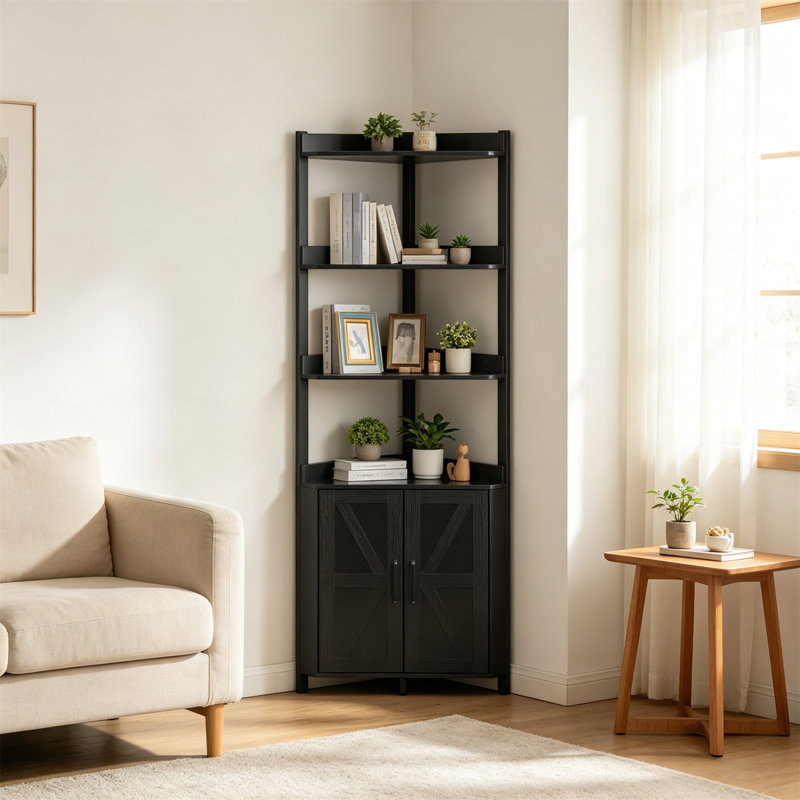 5-Tier Corner Shelf Unit with Safety Rails – Tall Storage Cabinet for Living Room, Bedroom & More, Black