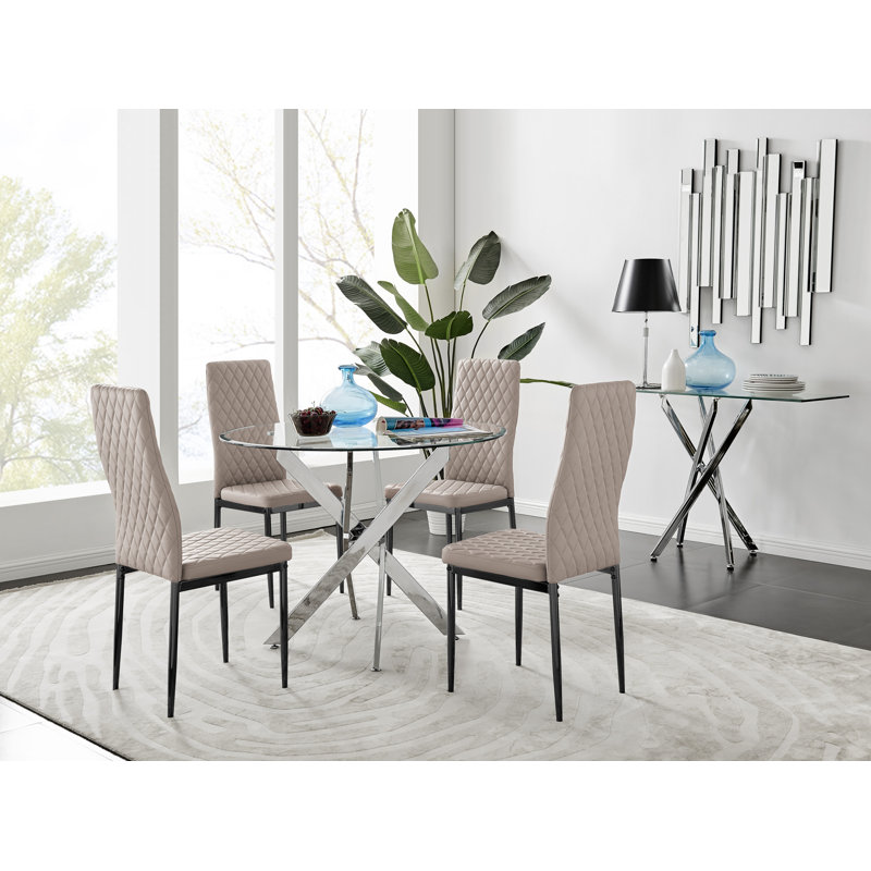 Tierra Modern Metal & Glass Round Dining Table Set with 4 Quilted Faux Leather Chairs, Cappuccino/Black