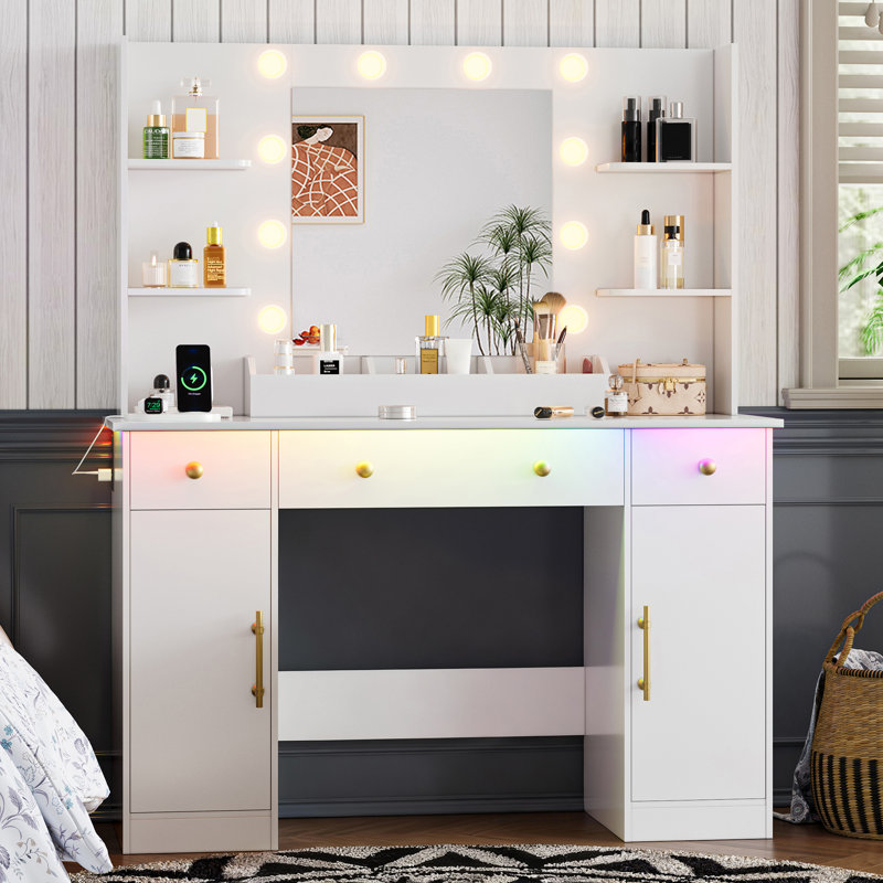 Meuble-lavabo 43,7 po de style ferme avec miroir lumineux et prise de courant, 3 tiroirs, Blanc, Mirror