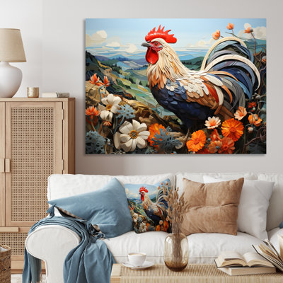 Portrait de coq avec des fleurs de montagne
