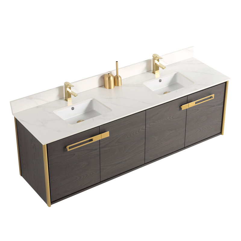 72'' Double Bathroom Vanity with Carrara Quartz Top, Black Coal Oak, Satin Brass