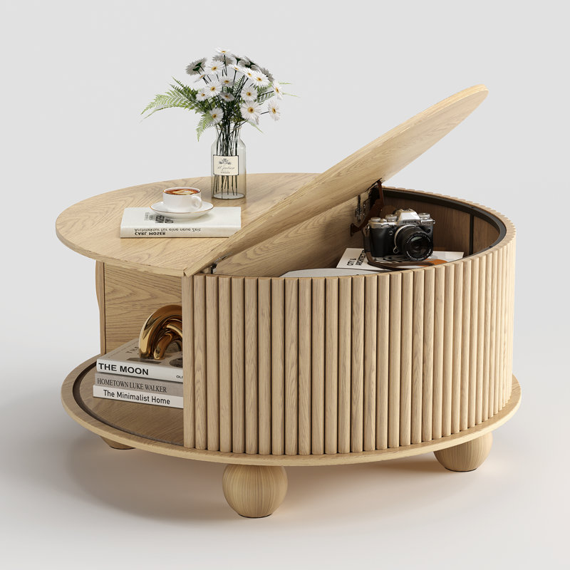 Table basse ronde avec rangement, table basse cannelée relevable 31,5 po, chêne, Chêne