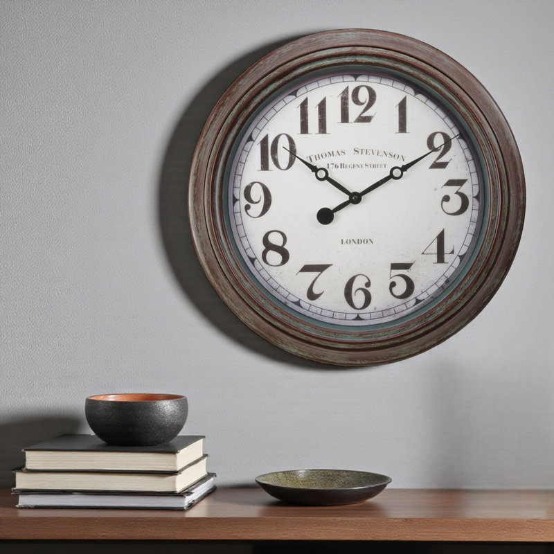 Liliya Round Wall Clock in Antique Brown, Transitional Style