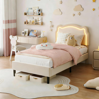Structure de lit simple tapissier à DEL avec tête de lit et lattes en bois pour enfants
