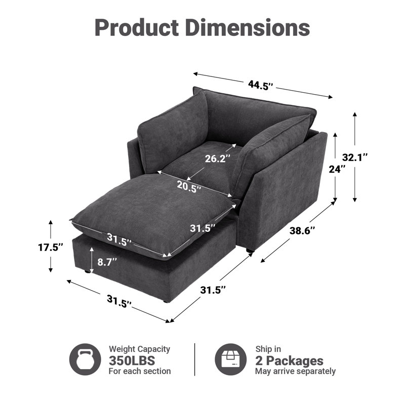 Heffernan 44.49" Accent Chair With Ottoman, Dark Gray Chenille