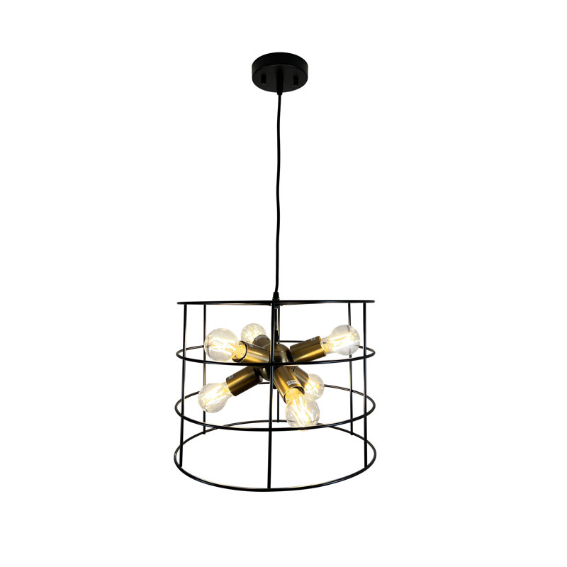 Lustre 6 lumières en laiton et cage noire