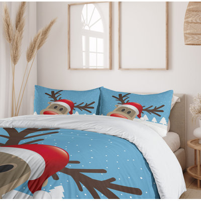 Ambesonne Christmas Duvet Cover Set, Reindeer Rudolph Hat, Calking, Pale Blue Red Pale Brown -  nev_39740_calking