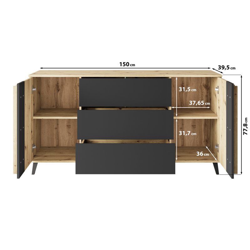 Huron Chest Of Drawers, 150 Cm, Artisan Oak, Black/Natural