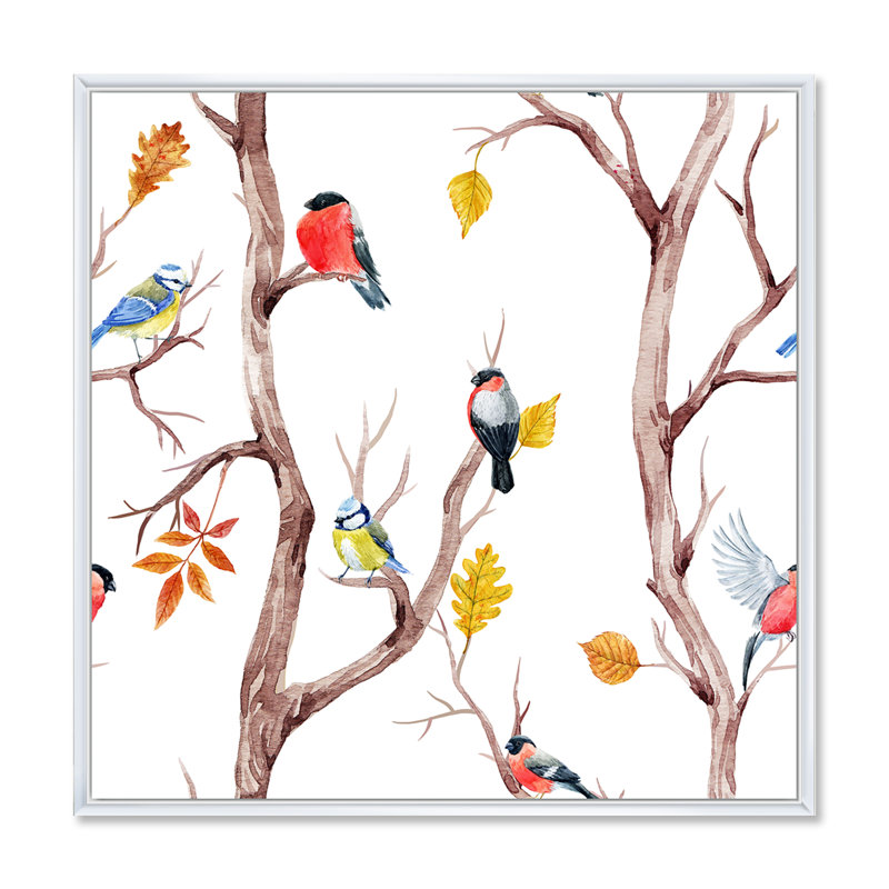 Arbres d'automne et petits oiseaux - Peinture sur toile, H 30 po x l 30 po x P 1 po, Toile blanche encadrée