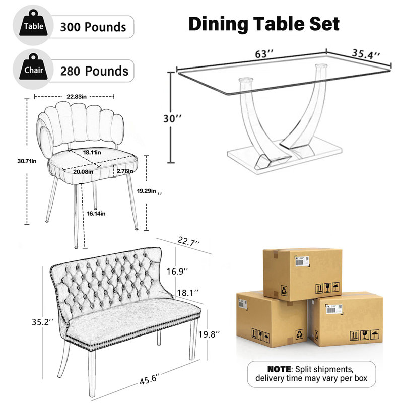 Ensemble de salle à manger moderne, ensemble de table de salle à manger en faux marbre avec banc et chaise, Noir; beige