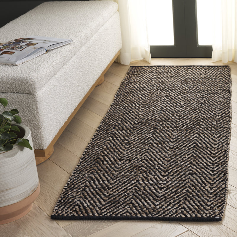 Nakke Vintage Leather Hand Woven Leather/Cotton Geometric Rug in Beige, Runner 2'3" x 6'